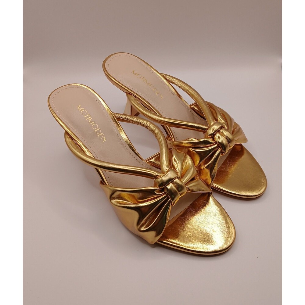 Women's Gold Bow Heeled Sandals Kitten Heel Bowknots Slip On Open Round Toe